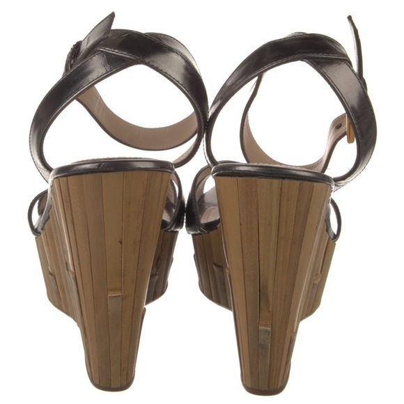 Prada Metallic Silver Pewter Patent Leather Bamboo Wedge Ankle Strap Sandals 39 - Picture 4 of 13